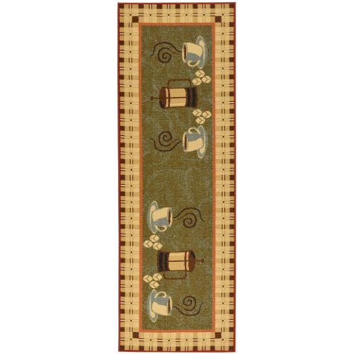  Ottomanson Siesta Collection Dark Olive Green 20X59 Kitchen Collection Coffee Cups Design Machine-Washable Non-Slip Runner Rug