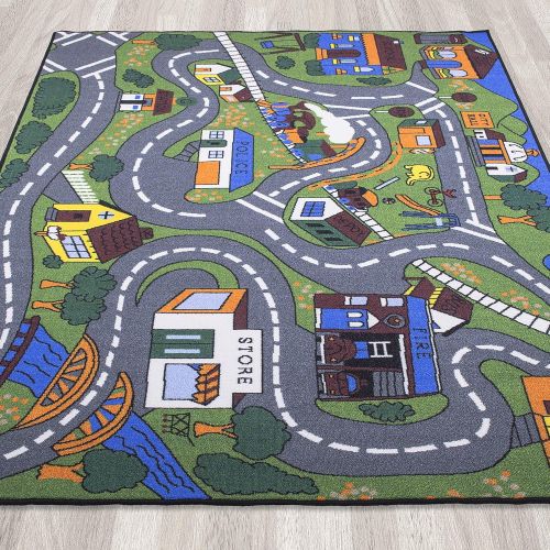  [아마존베스트]Ottomanson Jenny Collection Grey Base with Multi Colors Kids Childrens Educational Road Traffic System Design(Non-Slip) Area Rug, 50 X 66, Multicolor