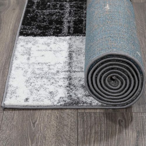  Ottomanson City Collection Contemporary Sculpted Effect Faded Geometric Checkered Blue Grey Black Area Rug - 5x7 (53 x 73)