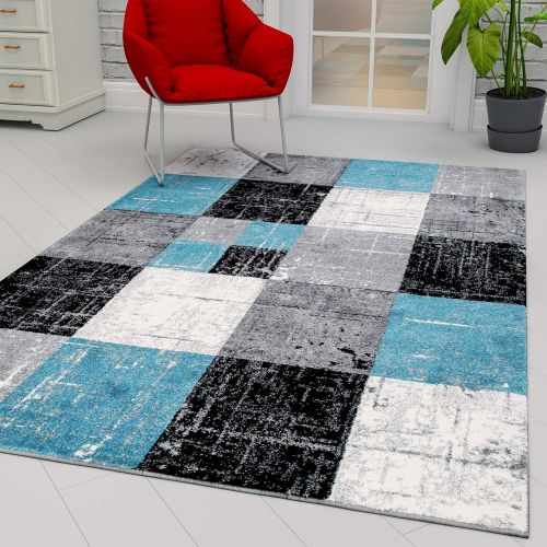  Ottomanson City Collection Contemporary Sculpted Effect Faded Geometric Checkered Blue Grey Black Area Rug - 5x7 (53 x 73)