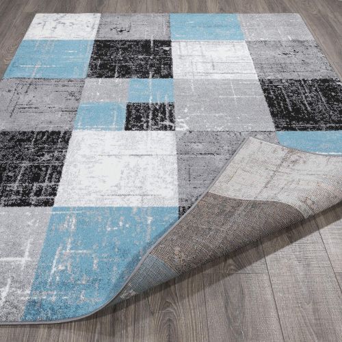  Ottomanson City Collection Contemporary Sculpted Effect Faded Geometric Checkered Blue Grey Black Area Rug - 5x7 (53 x 73)