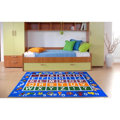  Ottomanson Jenny Collection Light Blue Frame with Multi Colors Kids Childrens Educational Alphabet (Non-Slip) Area Rug, Blue, 50 x 66