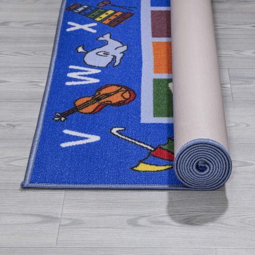  Ottomanson Jenny Collection Light Blue Frame with Multi Colors Kids Childrens Educational Alphabet (Non-Slip) Area Rug, Blue, 50 x 66