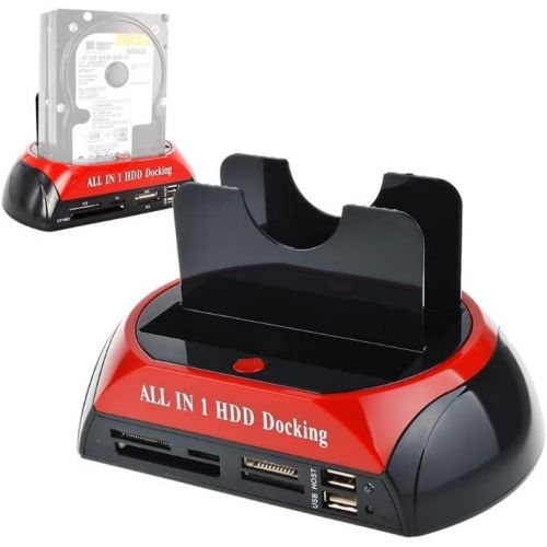  Oumij 2.5/3.5 Dual SATA IDE HDD Docking Station Hard Disk Drive Dock USB 2.0 Hub US Plug with All in 1 Card Reader