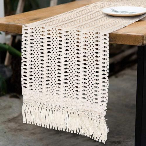  [아마존베스트]OurWarm Natural Macrame Table Runner Cotton Crochet Lace Boho Wedding Table Runner with Tassels for Bohemian Rustic Wedding Bridal Shower Home Dining Table Decor, 12 x 108 Inch