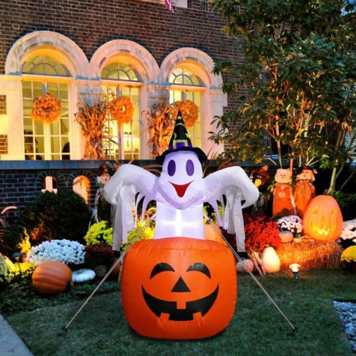  할로윈 용품OurWarm Halloween Inflatables 4.6ft Pumpkin Ghost with LED Light for Halloween Decorations Indoor/Outdoor Yard Garden Lawn Party Decoration