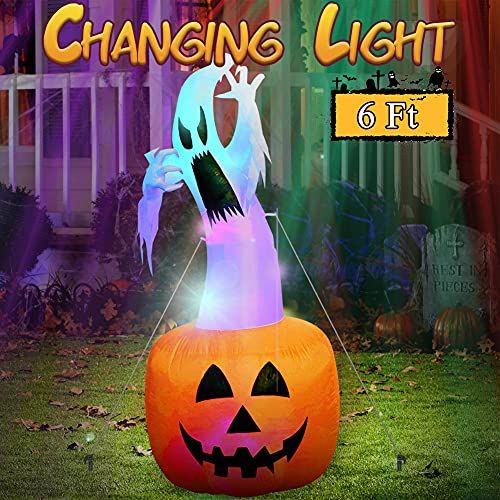  할로윈 용품OurWarm 6ft Halloween Inflatable Blow Up Ghost on Pumpkin with Color Changing LED Inflatables Halloween Outdoor Decorations