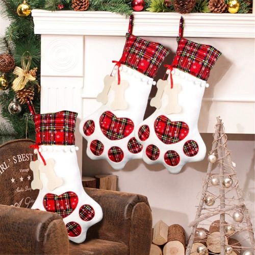  OurWarm Pet Dog Christmas Stocking, Red Hanging Christmas Stockings with Large Dog Paw for Christmas Fireplace Decorations, 18 x 11 Inch