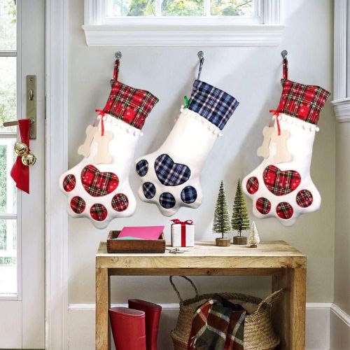  OurWarm Pet Dog Christmas Stocking, Red Hanging Christmas Stockings with Large Dog Paw for Christmas Fireplace Decorations, 18 x 11 Inch