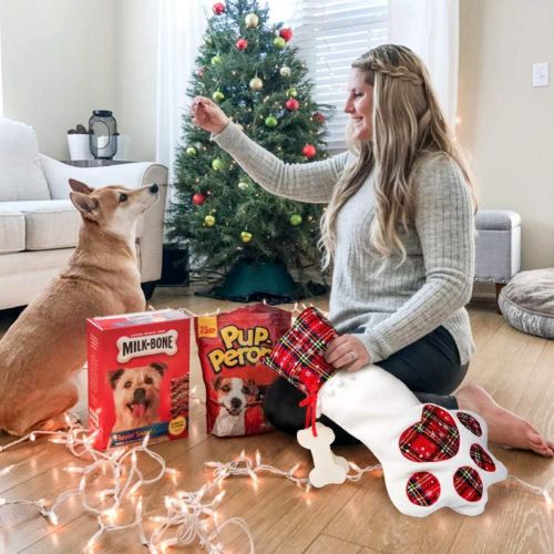  OurWarm Pet Dog Christmas Stocking, Red Hanging Christmas Stockings with Large Dog Paw for Christmas Fireplace Decorations, 18 x 11 Inch