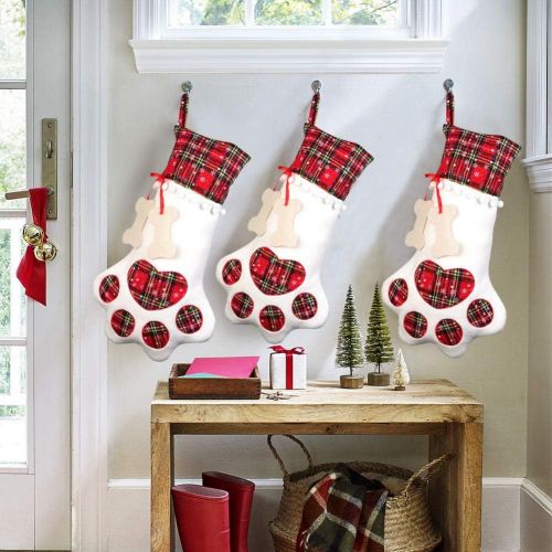  OurWarm Pet Dog Christmas Stocking, Hanging Christmas Stockings with Large Red Buffalo Plaid Dog Paw for Christmas Fireplace Tree Decorations, 18 x 11 Inch