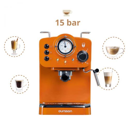  Oursson Espressomaschine fuer Pulver & Pads, 3 Jahre Garantie, Espresso, Cappuccino, Latte, Mokka, 15 bar, Rot, 1,5 Liter, Orange, EM1500/OR