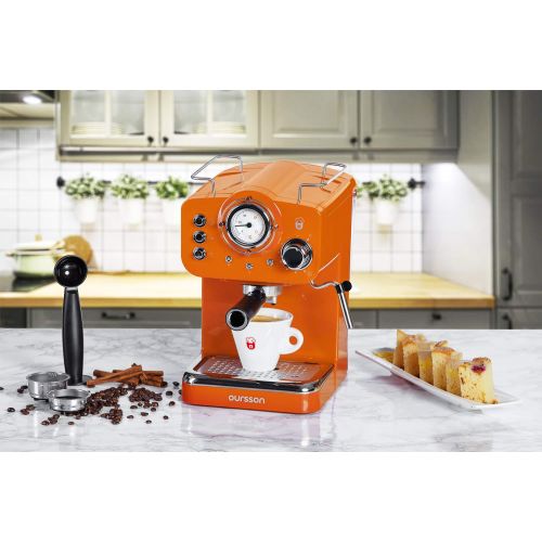  Oursson Espressomaschine fuer Pulver & Pads, 3 Jahre Garantie, Espresso, Cappuccino, Latte, Mokka, 15 bar, Rot, 1,5 Liter, Orange, EM1500/OR