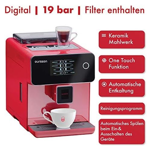  Oursson Kaffeevollautomat, Super automatisch, Keramik-mahlwerk, Farb-Touchscreen, Personalisierte Getranke, Doppeltassenbezug, 19 bar, Rot, AM6250/RD