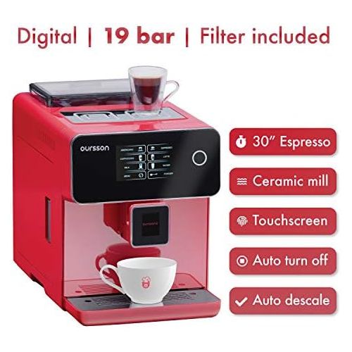  Oursson Kaffeevollautomat, Super automatisch, Keramik-mahlwerk, Farb-Touchscreen, Personalisierte Getranke, Doppeltassenbezug, 19 bar, Rot, AM6250/RD