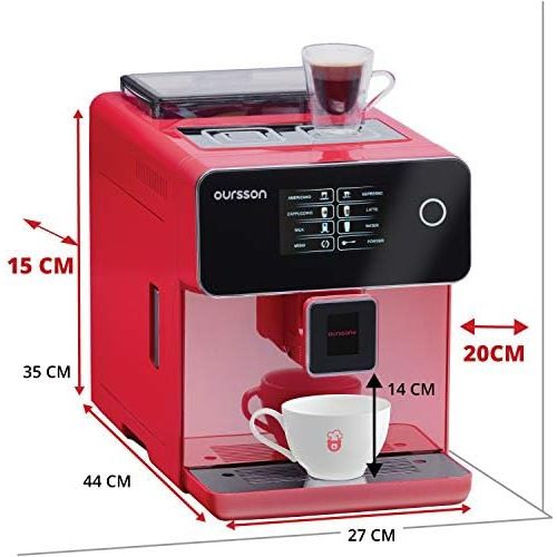  Oursson Kaffeevollautomat, Super automatisch, Keramik-mahlwerk, Farb-Touchscreen, Personalisierte Getranke, Doppeltassenbezug, 19 bar, Rot, AM6250/RD