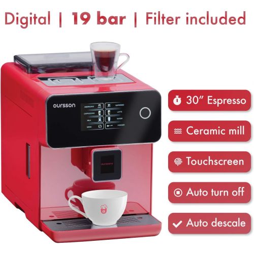  Oursson Kaffeevollautomat, Super automatisch, Keramik-mahlwerk, Farb-Touchscreen, Personalisierte Getranke, Doppeltassenbezug, 19 bar, Rot, AM6250/RD