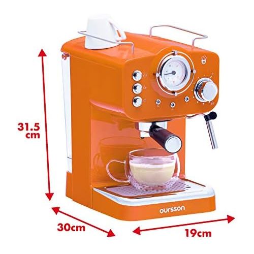  Oursson Kaffeemaschine, 3 Jahre Garantie, 15 Bar Espressomaschine, Espresso-Siebtragermaschine, Milchaufschaumer fuer Cappuccino und Latte, 1.5L Tank, EM1500/OR (Orange)