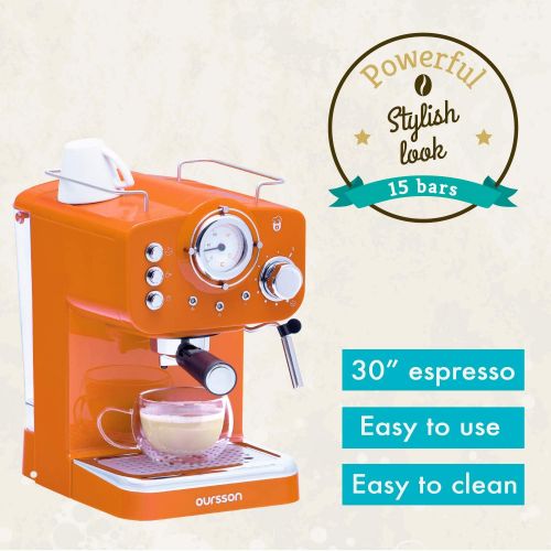  Oursson Kaffeemaschine, 3 Jahre Garantie, 15 Bar Espressomaschine, Espresso-Siebtragermaschine, Milchaufschaumer fuer Cappuccino und Latte, 1.5L Tank, EM1500/OR (Orange)