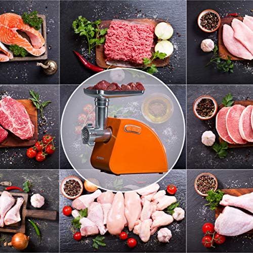  [아마존베스트]Oursson 4-in-1 Electric Meat Mincer, Cube, Tomato Juice and Sausage Attachment, Chopping Function, 4 Blades, Stainless Steel Knife, CE Certified, 1500W (Orange)