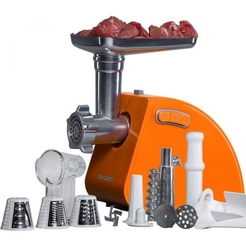  [아마존베스트]Oursson 4-in-1 Electric Meat Mincer, Cube, Tomato Juice and Sausage Attachment, Chopping Function, 4 Blades, Stainless Steel Knife, CE Certified, 1500W (Orange)