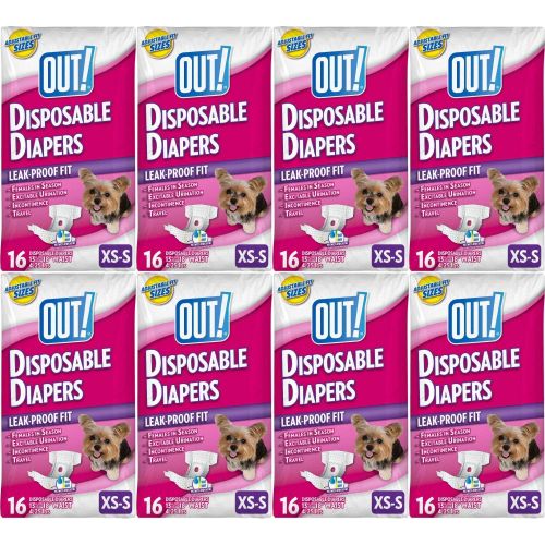  Out! OUT! Disposable Diapers for Dogs, X-Small/Small, 16 Count, 8 Pack