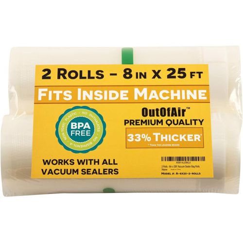  8 x 25 Rolls (Fits Inside Machine) - Pack of 2 (50 feet total) - OutOfAir Vacuum Sealer Rolls. Works with FoodSaver Vacuum Sealers. 33% Thicker, BPA Free, Sous Vide, Commercial Gra