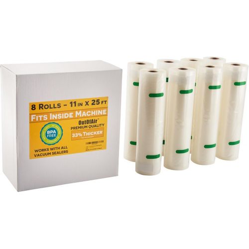  11 x 25 Rolls (Fits Inside Machine) BULK 8 Pack (200 ft total) OutOfAir Vacuum Sealer Rolls Works With FoodSaver & Other Machines, 33% Thicker BPA Free Sous Vide Commercial Grade B