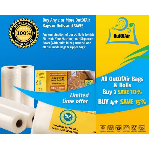  11 x 25 Rolls (Fits Inside Machine) BULK 8 Pack (200 ft total) OutOfAir Vacuum Sealer Rolls Works With FoodSaver & Other Machines, 33% Thicker BPA Free Sous Vide Commercial Grade B