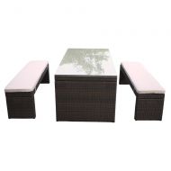 Outdoor Furniture Now Bequia Bench Outdoor Patio Dining Set with Wicker Brown and Fabric Light Grey