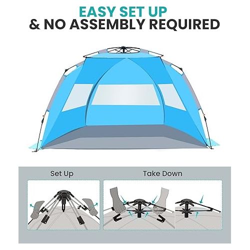  OutdoorMaster Beach Tent for 3-4 Person - Easy Setup and Portable Beach Shade Sun Shelter Canopy with UPF 50+ UV Protection Removable Skylight Family Size