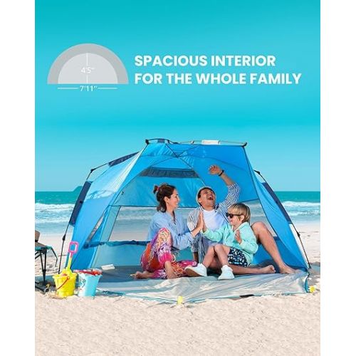  OutdoorMaster Beach Tent for 3-4 Person - Easy Setup and Portable Beach Shade Sun Shelter Canopy with UPF 50+ UV Protection Removable Skylight Family Size