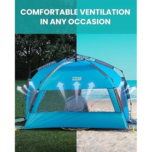  OutdoorMaster Beach Tent for 3-4 Person - Easy Setup and Portable Beach Shade Sun Shelter Canopy with UPF 50+ UV Protection Removable Skylight Family Size