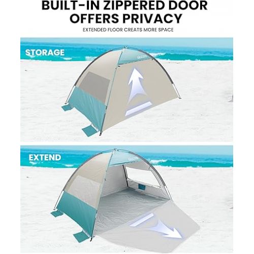  OutdoorMaster Beach Tent for 3 Person with 2 Doors, Easy Setup Sun Shade Shelter, Portable Beach Shade Sun Canopy with UPF 50+ UV Protection, Extendable Floor with Carrying Bag - Cancun Seashore