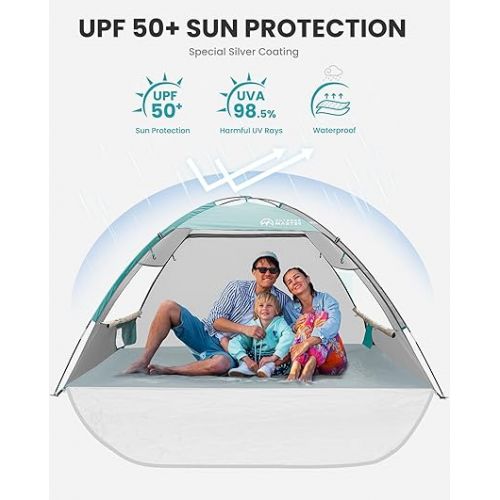  OutdoorMaster Beach Tent for 3 Person with 2 Doors, Easy Setup Sun Shade Shelter, Portable Beach Shade Sun Canopy with UPF 50+ UV Protection, Extendable Floor with Carrying Bag - Cancun Seashore