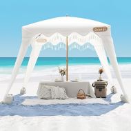 OutdoorMaster Beach Cabana with Fringe, Portable 6' x 6' Beach Canopy, Easy Set Up Beach Shelter, Included Side Wall, UPF 50+ UV Protection Sun Umbrella - for Kids, Family & Friends -Romantic White