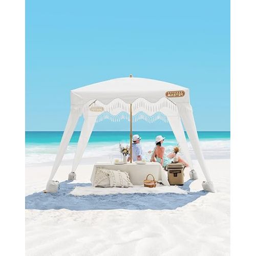  OutdoorMaster Beach Cabana with Fringe, Portable 6' x 6' Beach Canopy, Easy Set Up Beach Shelter, Included Side Wall, UPF 50+ UV Protection Sun Umbrella - for Kids, Family & Friends -Romantic White