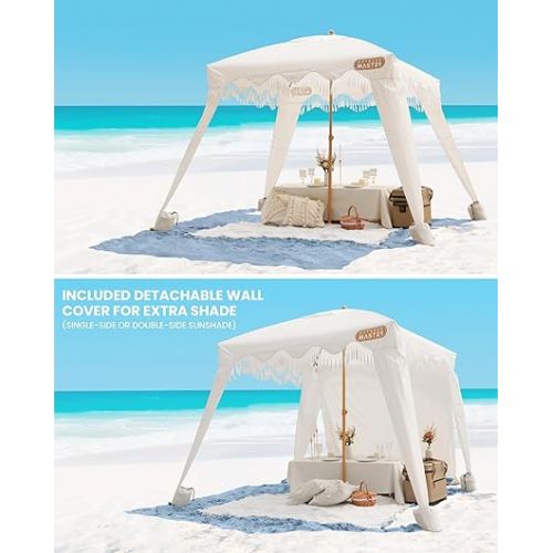  OutdoorMaster Beach Cabana with Fringe, Portable 6' x 6' Beach Canopy, Easy Set Up Beach Shelter, Included Side Wall, UPF 50+ UV Protection Sun Umbrella - for Kids, Family & Friends -Romantic White