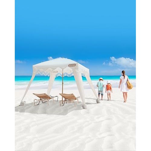  OutdoorMaster Beach Cabana with Fringe, Portable 6' x 6' Beach Canopy, Easy Set Up Beach Shelter, Included Side Wall, UPF 50+ UV Protection Sun Umbrella - for Kids, Family & Friends -Romantic White