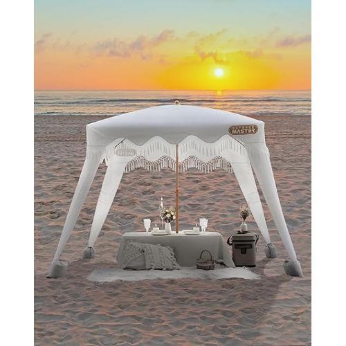  OutdoorMaster Beach Cabana with Fringe, Portable 6' x 6' Beach Canopy, Easy Set Up Beach Shelter, Included Side Wall, UPF 50+ UV Protection Sun Umbrella - for Kids, Family & Friends -Romantic White