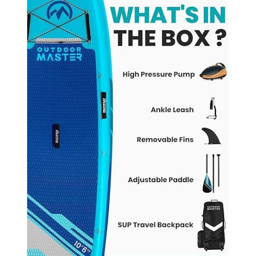  Inflatable Stand Up Paddle Board, Premium OutdoorMaster SUP Board Set with Backpack, Coil Leash, Pump, Paddle, Fins, Kayak Paddle Boards for Adults & Youth