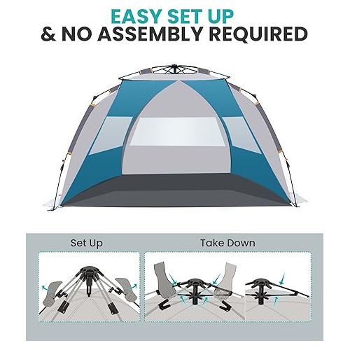  OutdoorMaster Pop Up Beach Tent for 4 Person - Easy Setup and Portable Beach Shade Sun Shelter Canopy with UPF 50+ UV Protection Removable Skylight Family Size - Ocracoke Coast