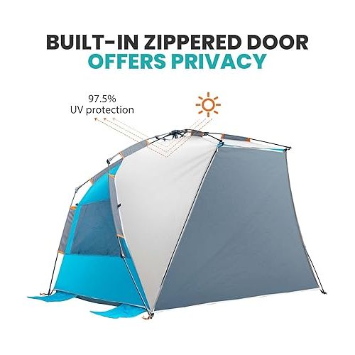  OutdoorMaster Pop Up Beach Tent for 4 Person - Easy Setup and Portable Beach Shade Sun Shelter Canopy with UPF 50+ UV Protection Removable Skylight Family Size - Ocracoke Coast
