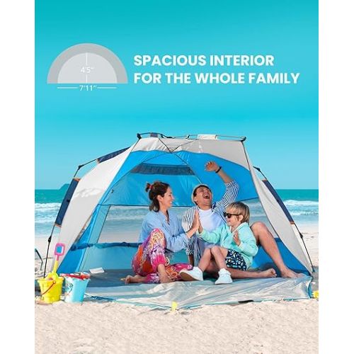  OutdoorMaster Pop Up Beach Tent for 4 Person - Easy Setup and Portable Beach Shade Sun Shelter Canopy with UPF 50+ UV Protection Removable Skylight Family Size - Ocracoke Coast