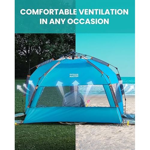  OutdoorMaster Pop Up Beach Tent for 4 Person - Easy Setup and Portable Beach Shade Sun Shelter Canopy with UPF 50+ UV Protection Removable Skylight Family Size - Ocracoke Coast