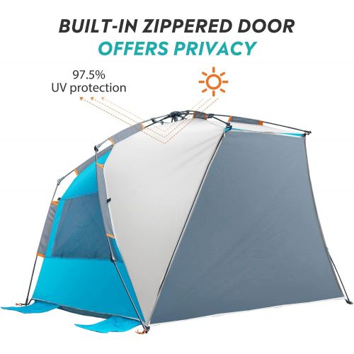  OutdoorMaster Pop Up Beach Tent for 4 Person - Easy Setup and Portable Beach Shade Sun Shelter Canopy with UPF 50+ UV Protection Removable Skylight Family Size - Ocracoke Coast