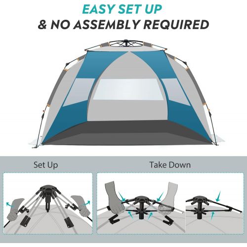  OutdoorMaster Pop Up Beach Tent for 4 Person - Easy Setup and Portable Beach Shade Sun Shelter Canopy with UPF 50+ UV Protection Removable Skylight Family Size - Ocracoke Coast