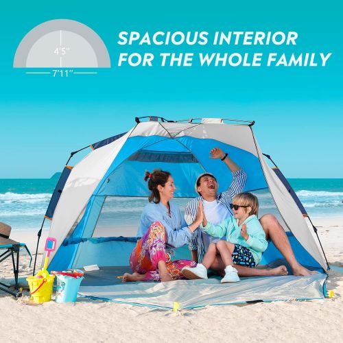  OutdoorMaster Pop Up Beach Tent for 4 Person - Easy Setup and Portable Beach Shade Sun Shelter Canopy with UPF 50+ UV Protection Removable Skylight Family Size - Ocracoke Coast