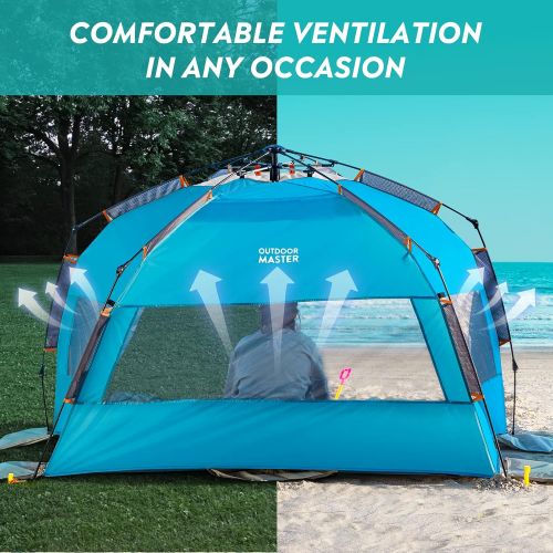  OutdoorMaster Pop Up Beach Tent for 4 Person - Easy Setup and Portable Beach Shade Sun Shelter Canopy with UPF 50+ UV Protection Removable Skylight Family Size - Ocracoke Coast