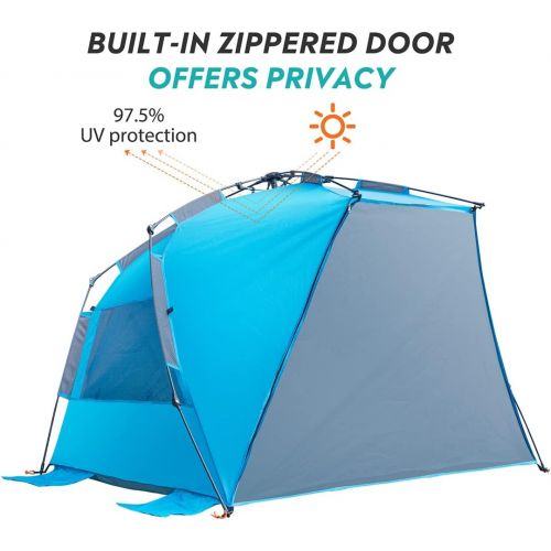  OutdoorMaster Pop Up Beach Tent for 4 Person - Easy Setup and Portable Beach Shade Sun Shelter Canopy with UPF 50+ UV Protection Removable Skylight Family Size - Blue
